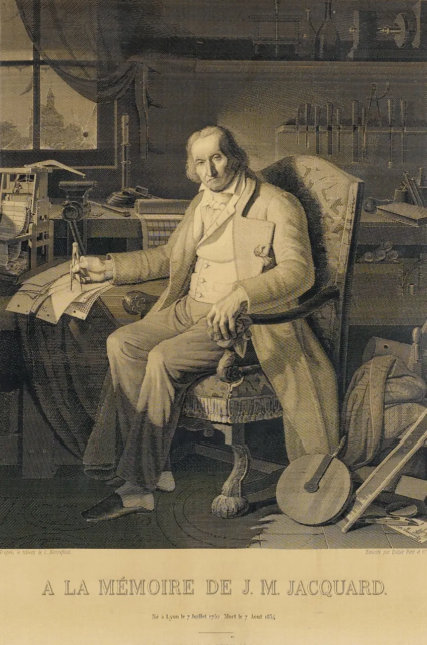 A portrait of Jacquard, woven in silk on a Jacquard loom